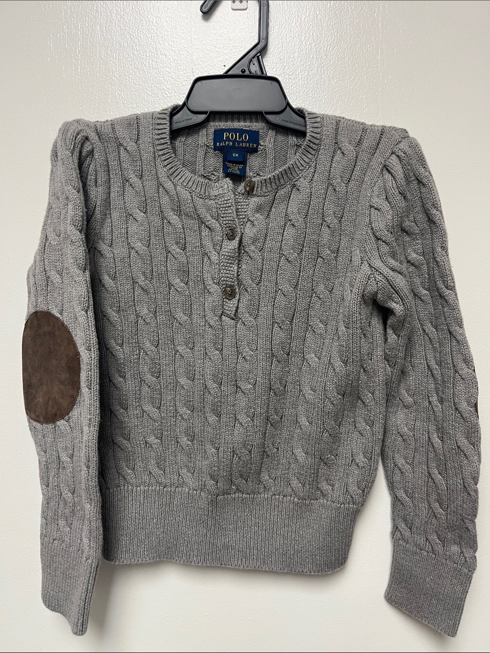 Polo by Ralph Lauren Gray Cable Knit Sweater with Brown Elbow Patch